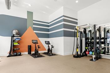 A gym with exercise equipment and a wall with stripes.